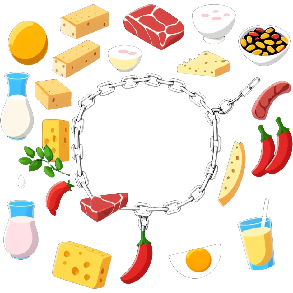 Close up of vibrant protein foods (meat, egg, beans, tofu, yogurt) connected in a chain or cluster, glowing and unified, floating together in a warm light. emoji