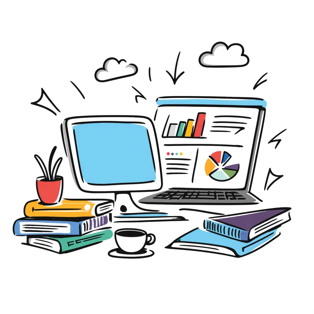 Academic research illustration showing a desktop with laptop, stacked reference books, coffee mug, and analytical charts and graphs. Hand-drawn colorful doodle with blue screen, vibrant book covers, and colorful data visualizations. emoji