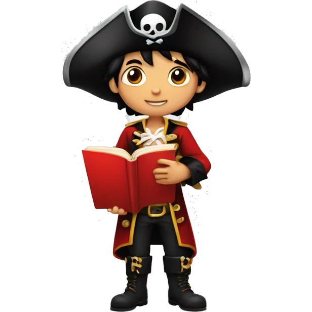 A boy, 12 years old, black hair, shiny eyes, a red pirate costume, a pirate hat with an image of crossbones and a skull, stands reading a red book emoji