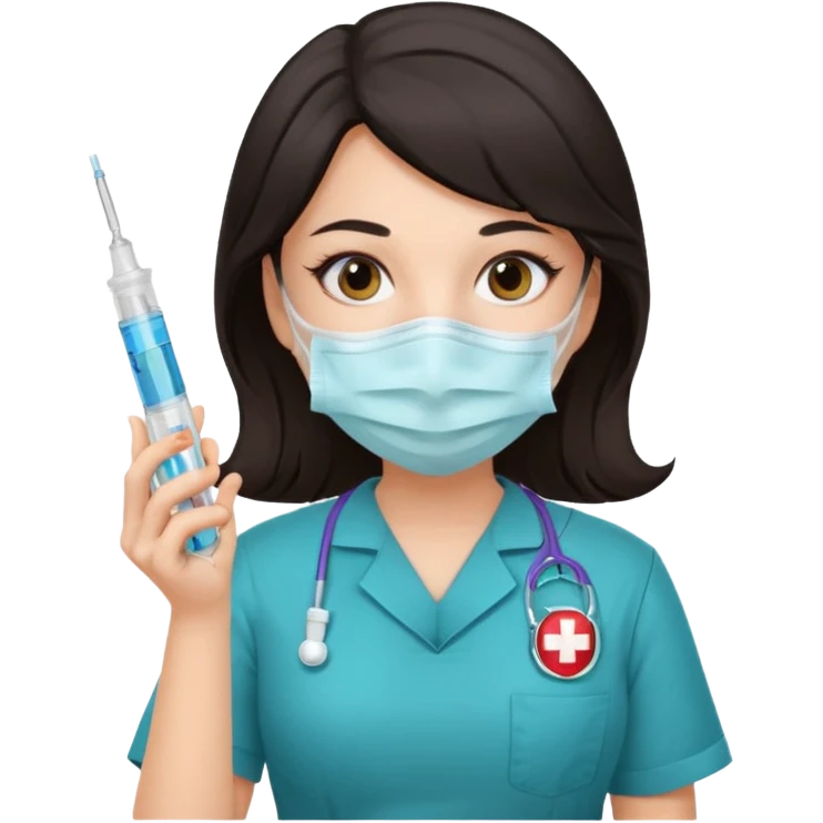 ی دختر با روپوش پرستاری و ماسک موی مشکی و امپول ب دست emoji