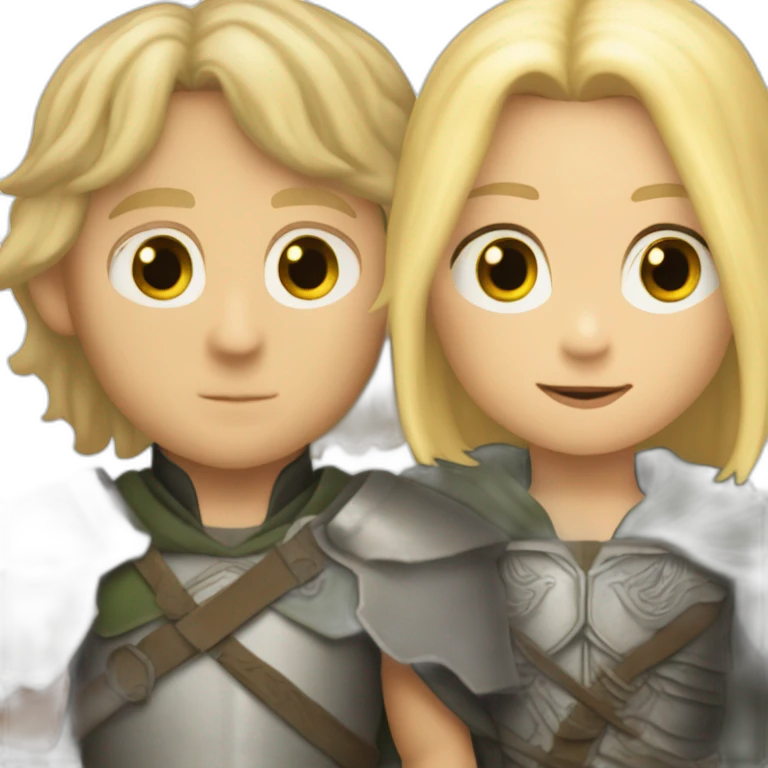 very short black-haired aragorn with a blonde-haired boy child emoji