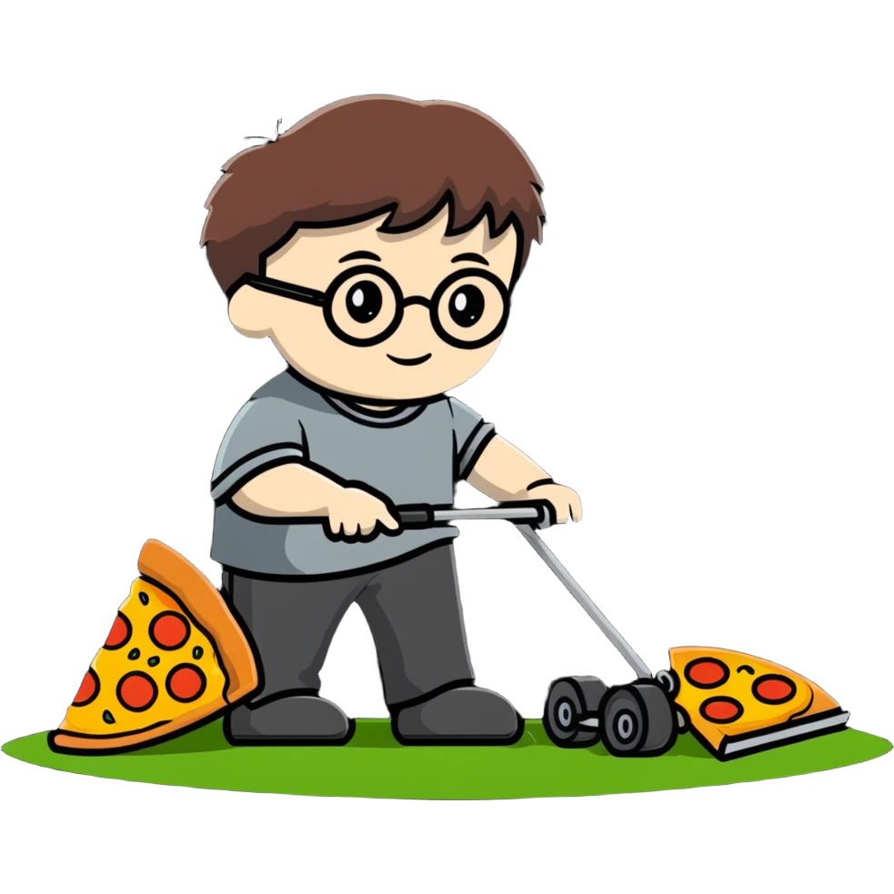 Harry Potter mowing the lawn with a pizza slice emoji