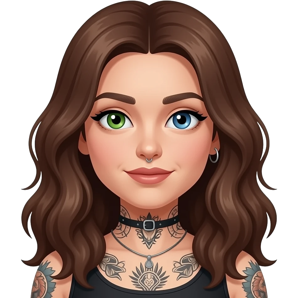 white long wavy haired brunette woman with one green eye one blue eye tattoos a philtrum piercing and a thin streak of grey hair emoji