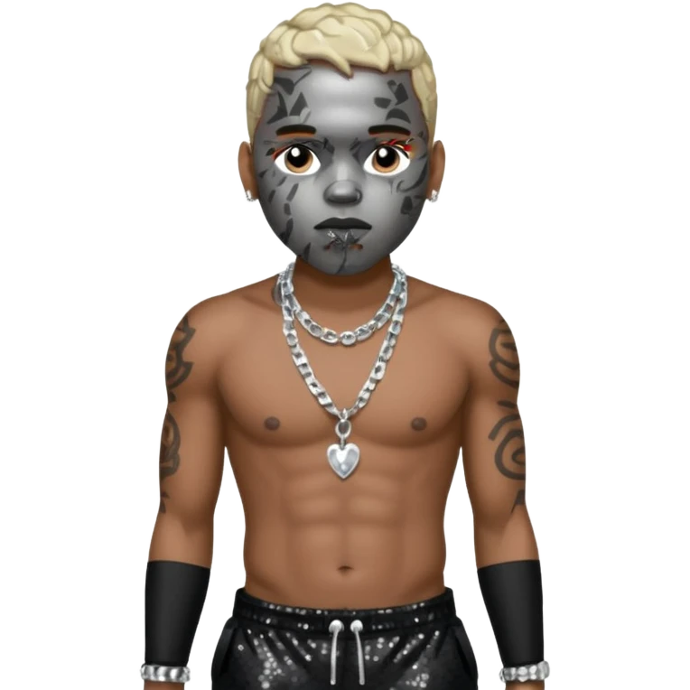 Chris Brown with black sequin baggy pants, shirtless with necklace emoji