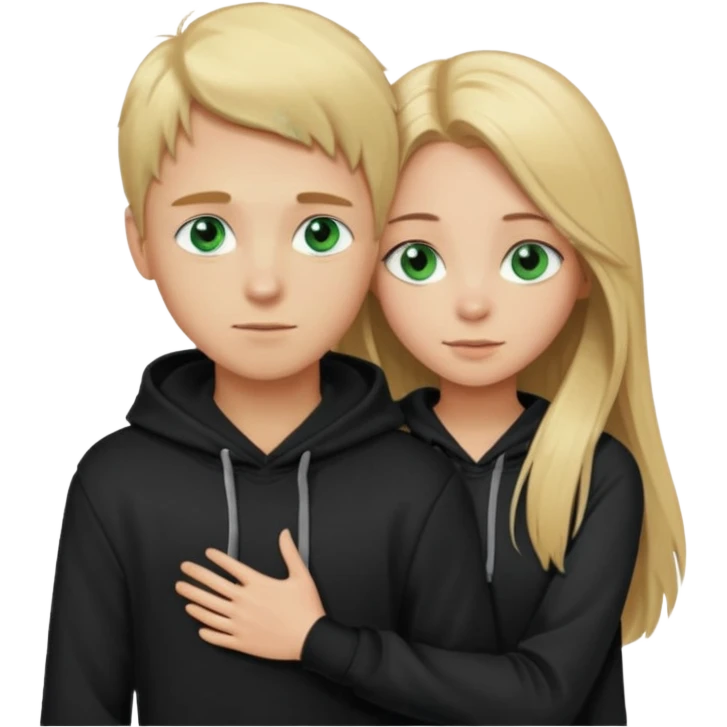 a blonde boy with blue eyes hugging a dark blonde girl with straight long hair and green eyes, both wearing black hoodies emoji