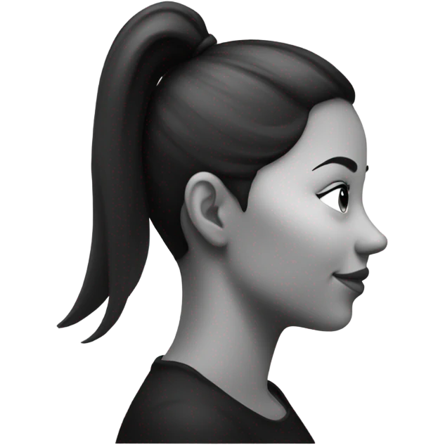 Bad drawing of a Side profile of a woman with a pony tail and black circle on her cheek, in black and white emoji