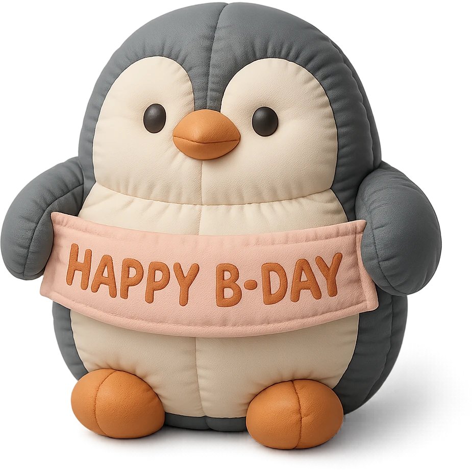 penguin holding a "Happy B-Day" banner, cushion style emoji