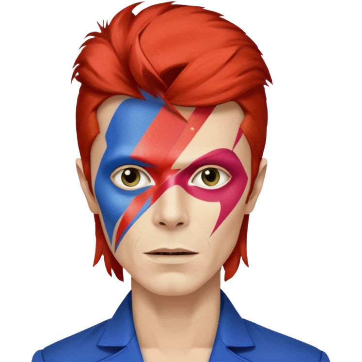 A male rockstar wearing Ebay brand colours and David Bowie face paint emoji