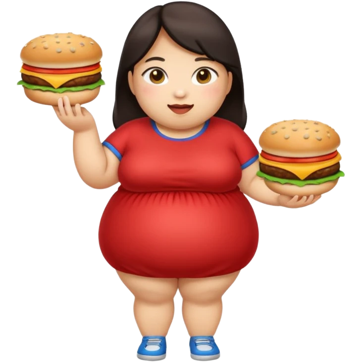 n create a humongous asian girl with 2 burgers and a cookie in her mouth, she is super obese, please make her a full body emoji emoji