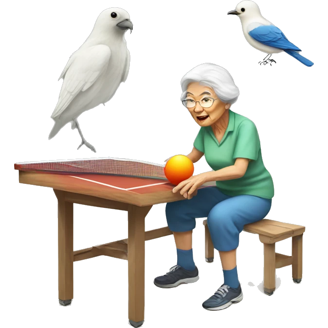 an  old lady climber is playing ping pong with a bird emoji