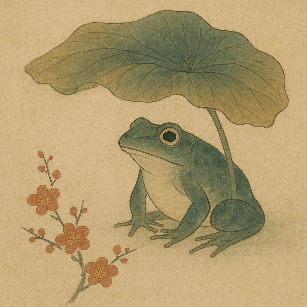 frog hiding under leaf umbrella emoji