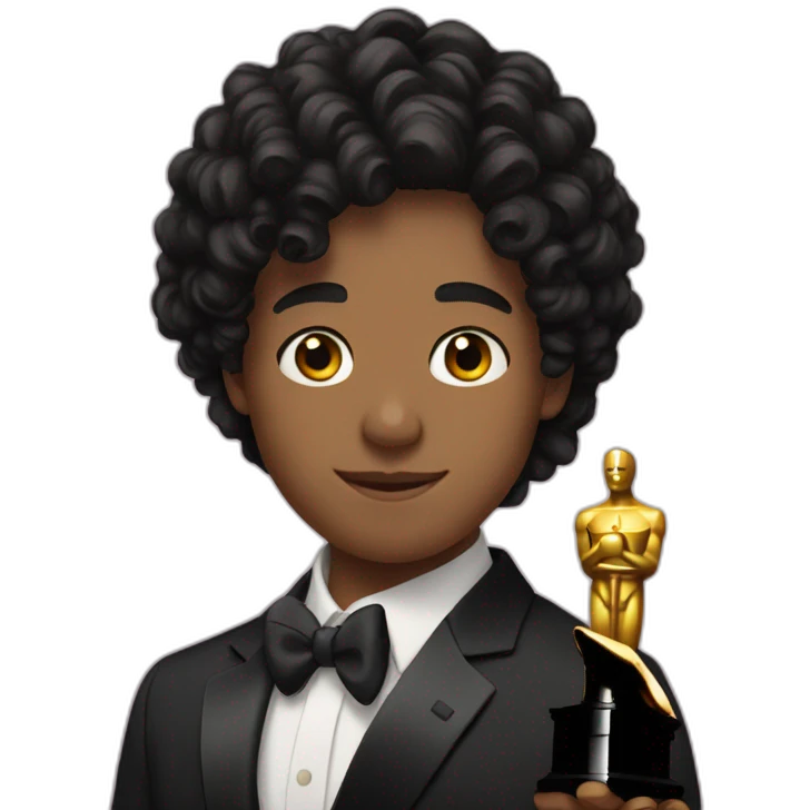 17 years old boy with a black curly hair hold an oscar emoji