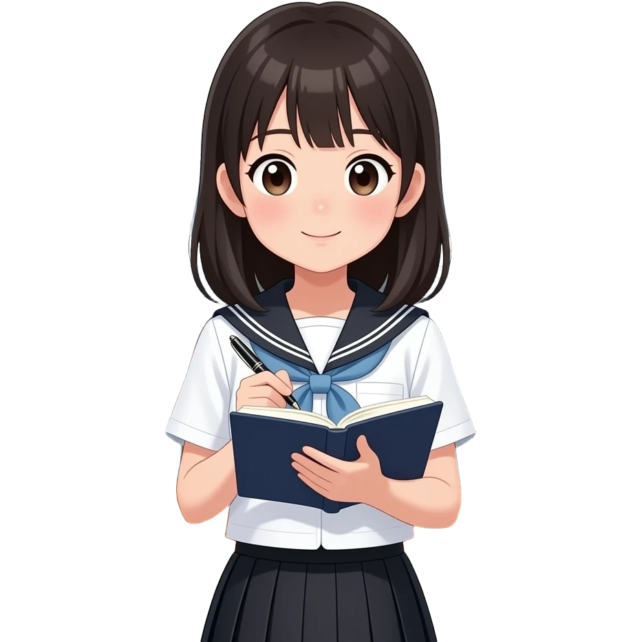 Japanese high school girl writing her diary with blushing face behind school building emoji