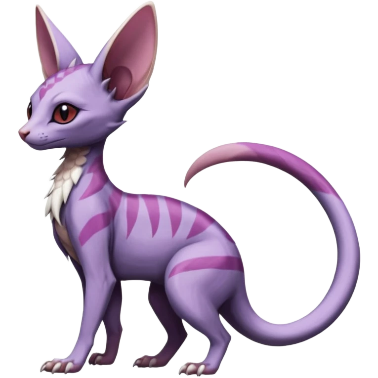 Furry, scaly, Purple, white, black, Minccino-Sphynx-Lykoi-Linoone-Zangoose-fusion-hybrid-animal-Fakémon-creature, full body, thin long sleek scaly tail, intricate markings emoji