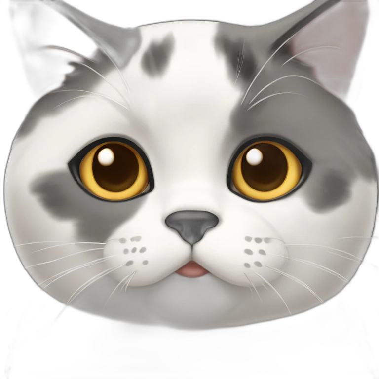 senior chubby diluted calico cat, white chin, black nose, grey ears, grey and white emoji