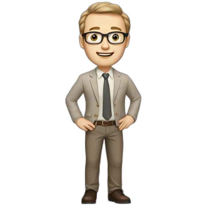 Full height Actively Gesturing Pale skinned fit man with dark brown hair in gray jacket, beige office shirt, brown tie, brown pants and vintage glasses. emoji