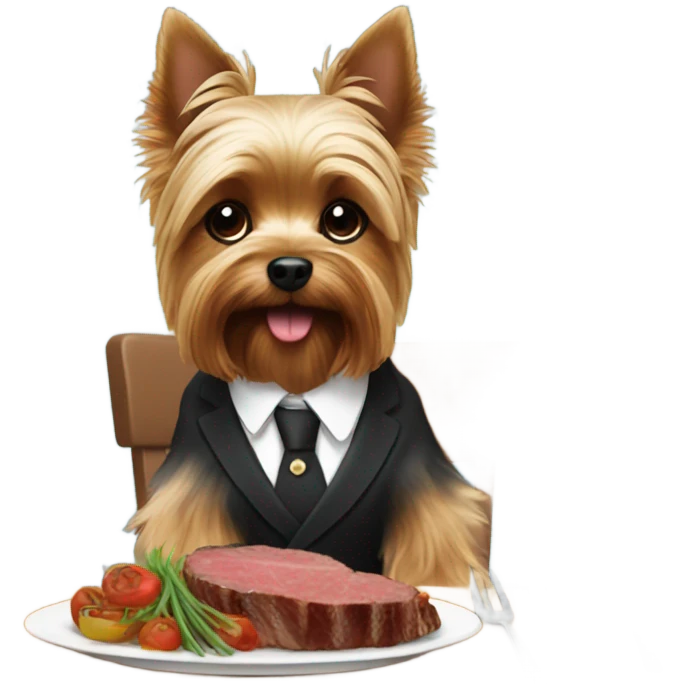 Yorkie eating steak at a dinner table emoji