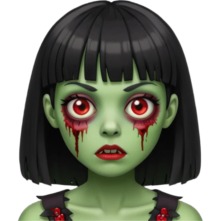 zumbie com cabelo preto e liso de franja vegana e olhos vermelho deixe o zumbir verde  emoji