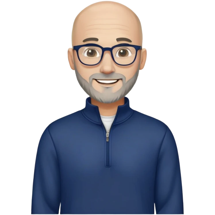 Caucasian man with skin fade haircut (bald on sides fading to short on top), short beard with gray streaks, large black eyeglasses, cheerful expression, navy blue long sleeve sweatshirt with quarter zip emoji
