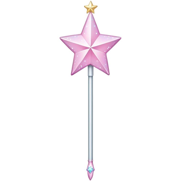 a long, slender stick, often depicted in a shimmering silver , At the top, it features a large, star-shaped tip that sparkles with pastel colors like pink, The wand has whimsical designs with  glittering accents emoji