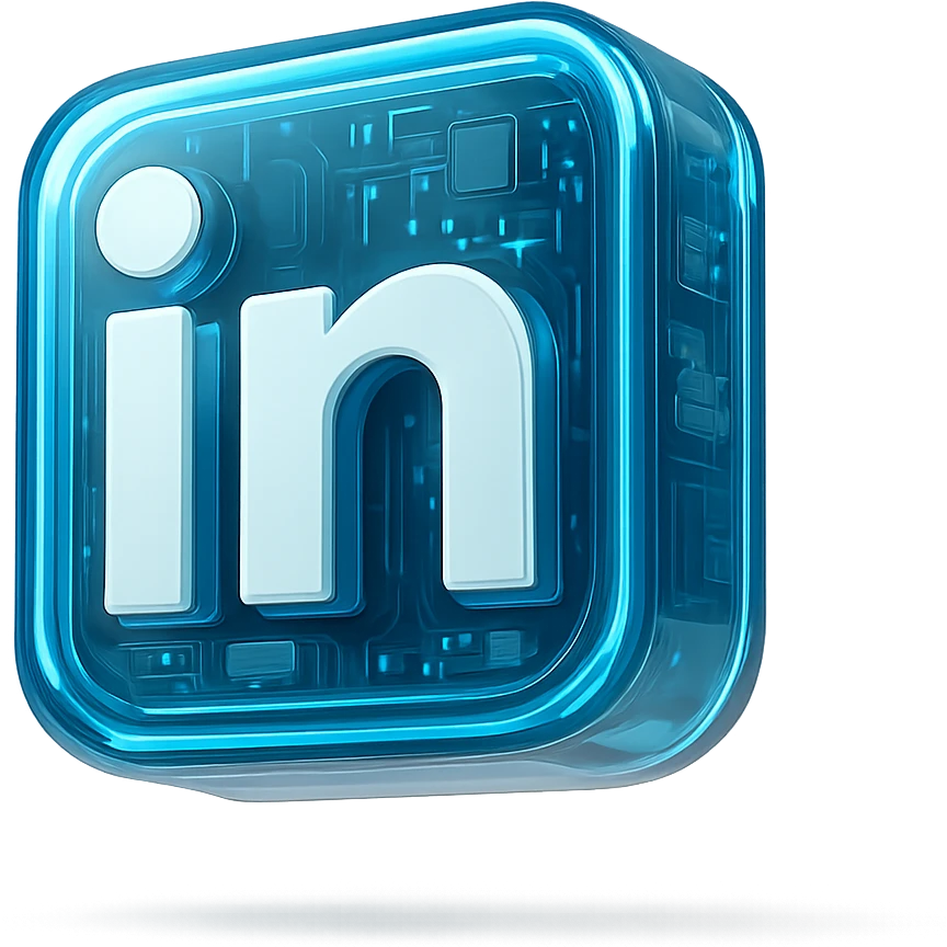 Futuristic LinkedIn logo, glossy circuit style, luminous blue highlights, transparent background emoji