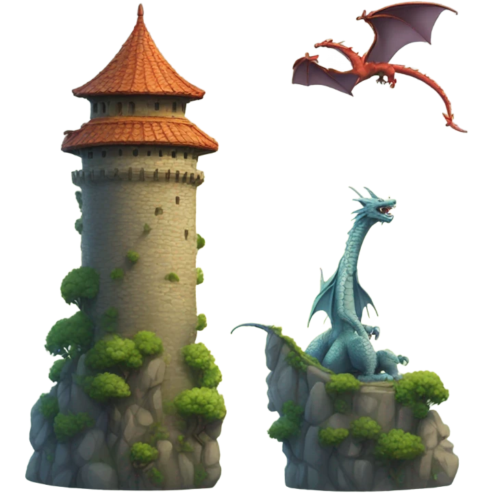 Two of the same tower and a small dragon flying  emoji