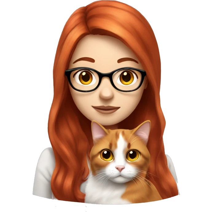 White skin Red haired girl with glasses holding long-haired calico cat emoji