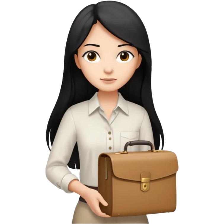 a light tan woman with long black hair past mid-back, round brown eyes, white button up shirt. holding manila case files in her hands. emoji
