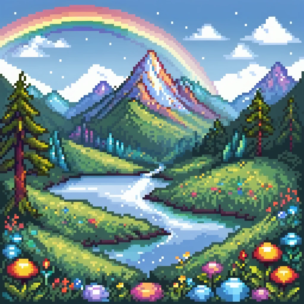 Enchanted meadow with rainbow and crystal mountains emoji