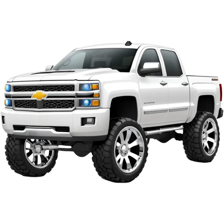 Jacked up 2021 White Chevrolet Silverado on chrome rims with wheel lights emoji