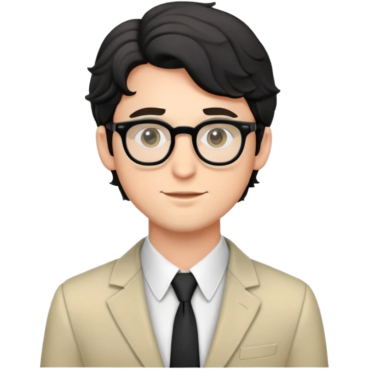 Young caucasian man with black wavy hair, round glasses, semi-formal theater outfit with blazer and collared shirt emoji