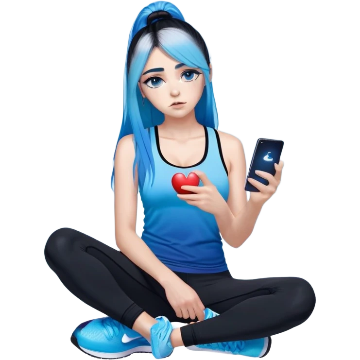 Heart broken and disappointed-very very very very large chest-texting on a samsung cell phone-very long straight flowing black to sky blue hair ombre-blue eyes-black eyeliner-long eyelashes-iridescent sky blue very low cut tank top with sparkling middle finger logo-black leggings-nike sneakers emoji