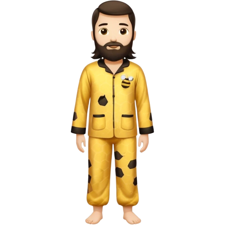 Grown up man with long dark brown long hair, white skin, medium beard, full body in cute bee pijama emoji