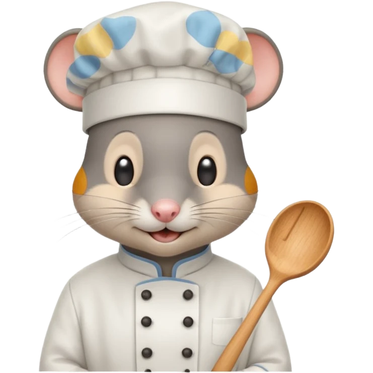 dark gray mouse wearing a white chef’s hat and has a friendly, slightly open-mouthed expression emoji