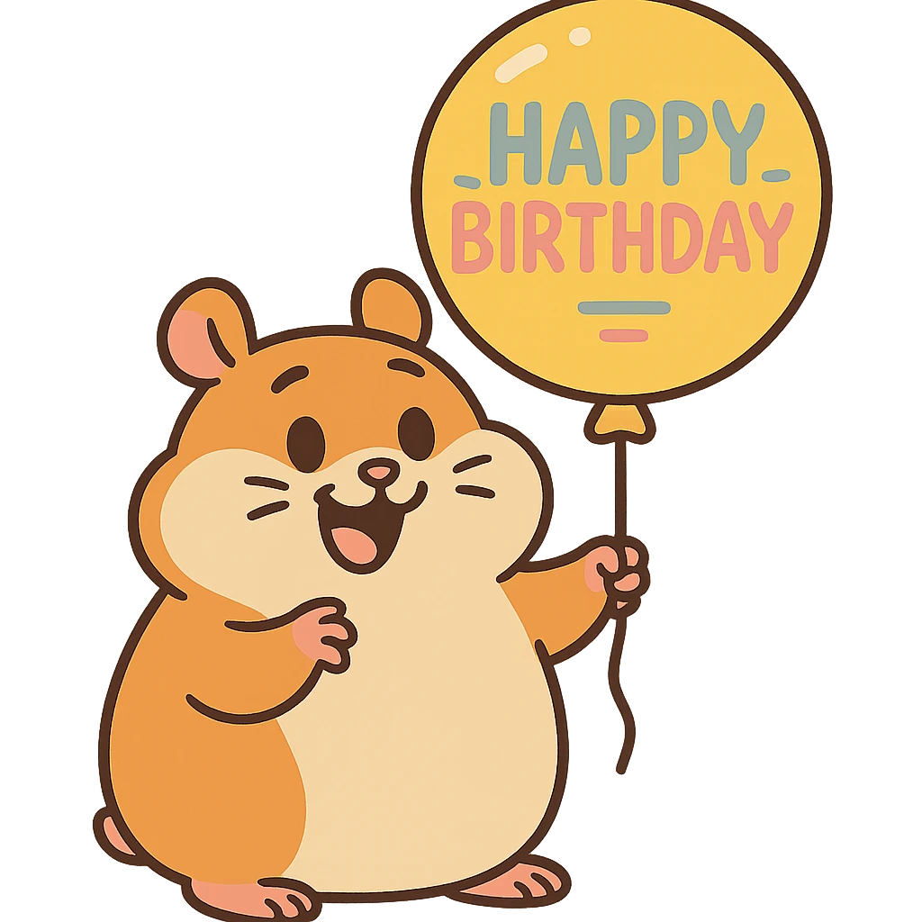 hamster holding a colorful balloon with 'Happy Birthday' text, pastel-toon style emoji