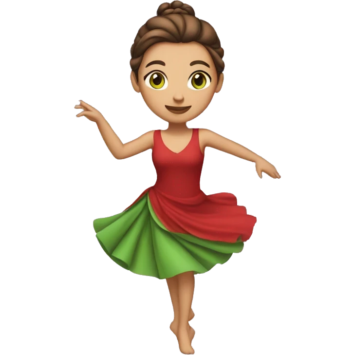 woman dancing emoji iOS red dress light skin, green and brown eyes, brown hair up in a bun in the typical dancing pose emoji