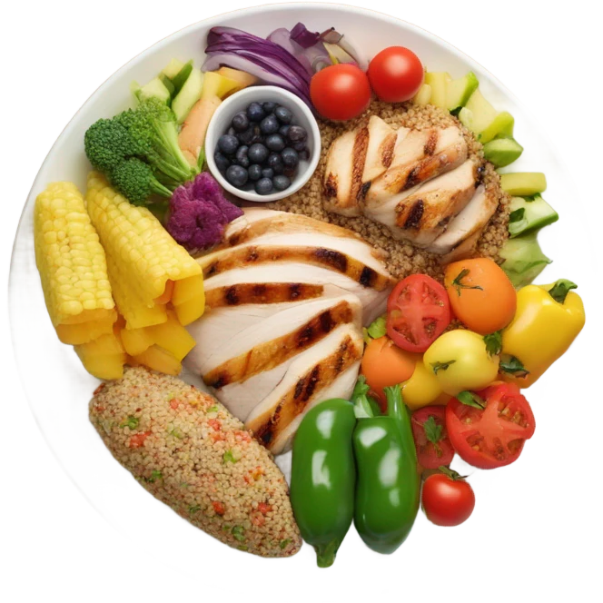 round white plate with healthy food emoji