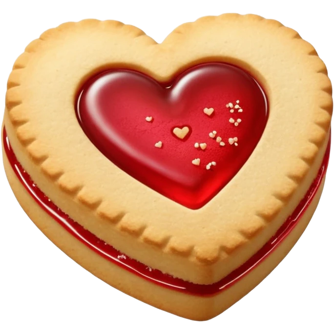 Realistic shortbread cookie in the shape of a heart with red jelly middle filling and sprinkled powder sugar on top. emoji