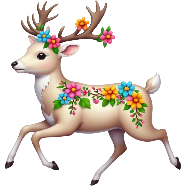 White deer with flowers on his antlers running emoji