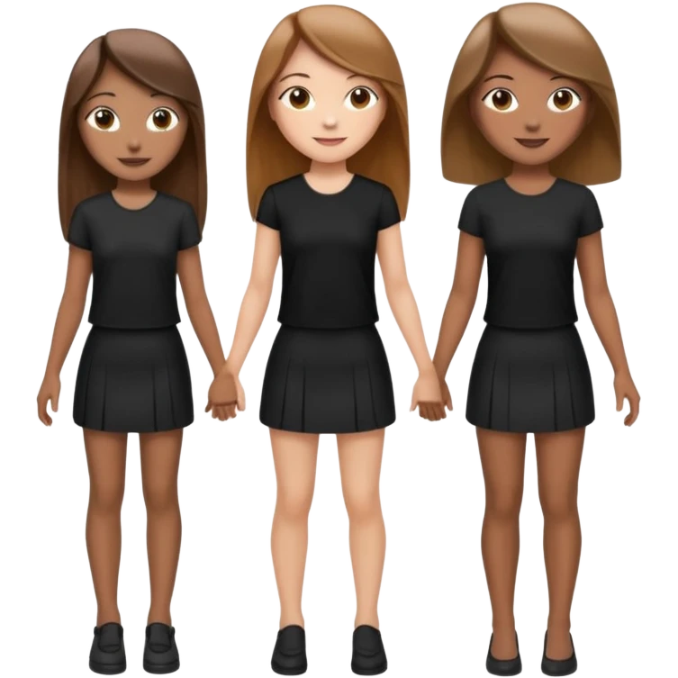 emoji of a girl with long, straight light brown hair, fair skin, soft brown eyes. Wearing a stylish black top and mini skirt. Full-height, standing confidently with shoulders back, head up, smiling proudly. Surrounded by 3 women next to her, holding hands. women are of diferent race emoji