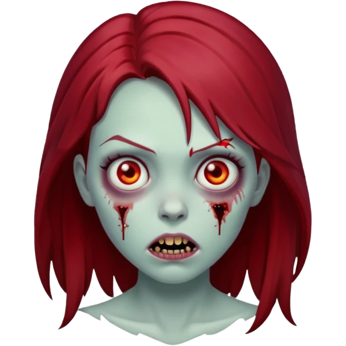 zombie girl with dark red hair, scary face emoji