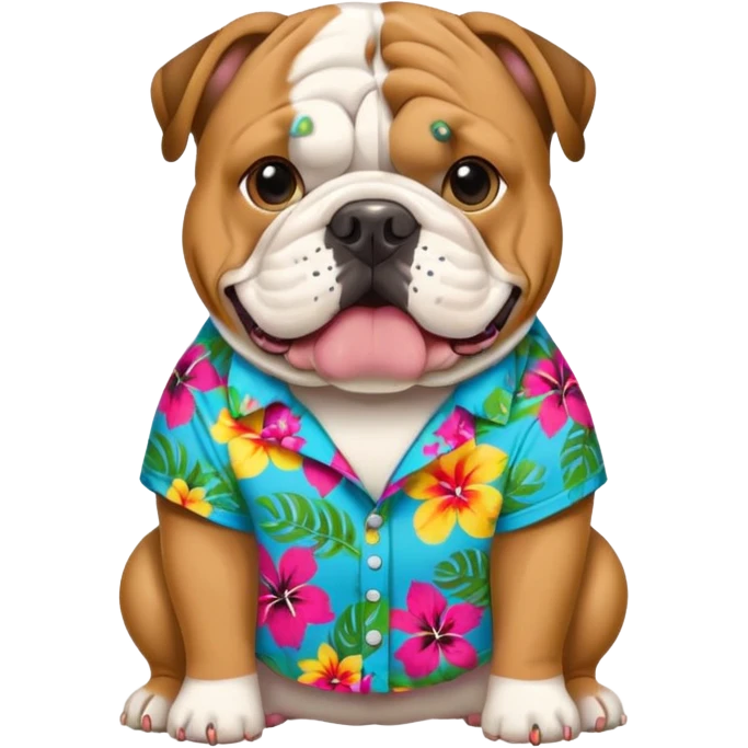 english bulldog wearing a colorful Hawaiian shirt and a dog tag that says 'chompers', emoji style emoji