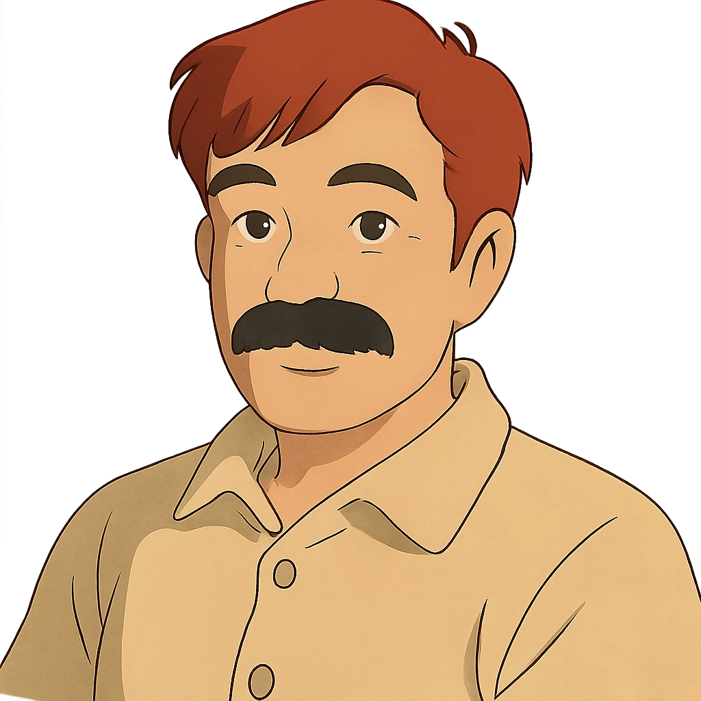 Asian man with black mustache and red hair, ghibli style emoji