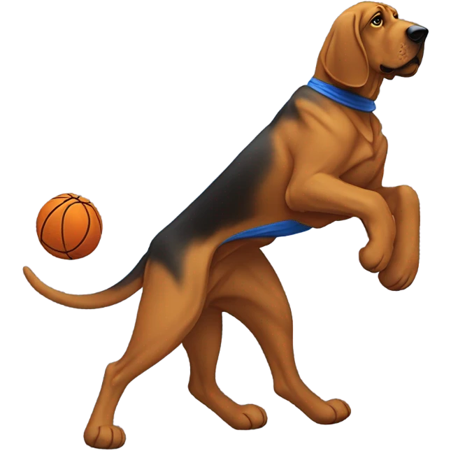 A bloodhound with a blue and orange cape spinning a basketball on its paw! emoji
