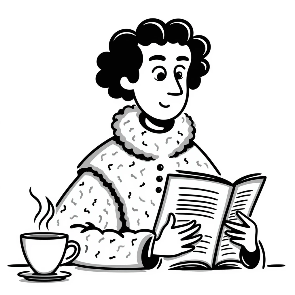 Chaucer reading and drinking tea, playful and sketchy, hand-drawn doodle style emoji