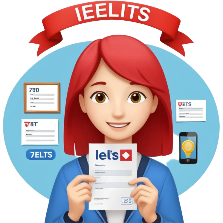 студентка радостная после успешной сдачи экзамена IELTS на 7.0 смотрит свои результаты на сертификате с текстом IELTS на белом фоне  emoji