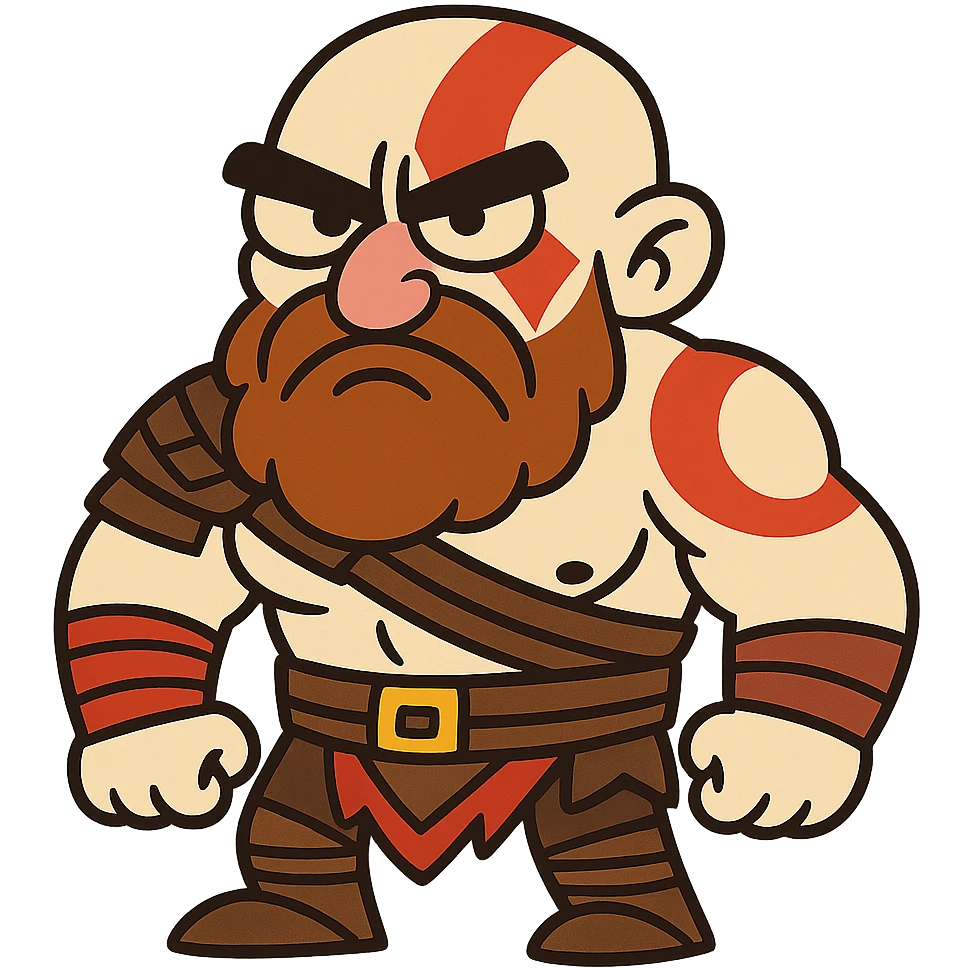 Funny cartoon version of Kratos with exaggerated features, looking grumpy emoji