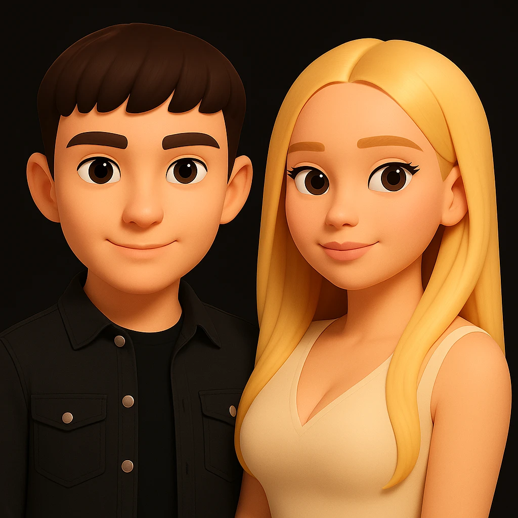 Make the boy's eyebrows less thick, increase the volume of the upper body of the girl, and shift the girl slightly to the right. Keep all other details unchanged, preserving the original style and proportions. emoji