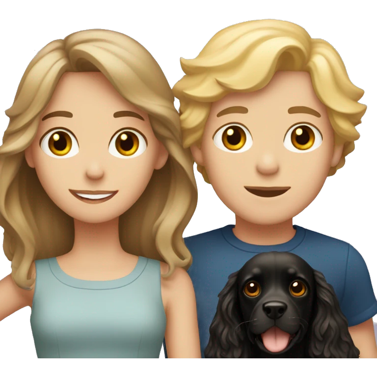 brown-haired girl and blond-haired boy with a black cocker spaniel emoji