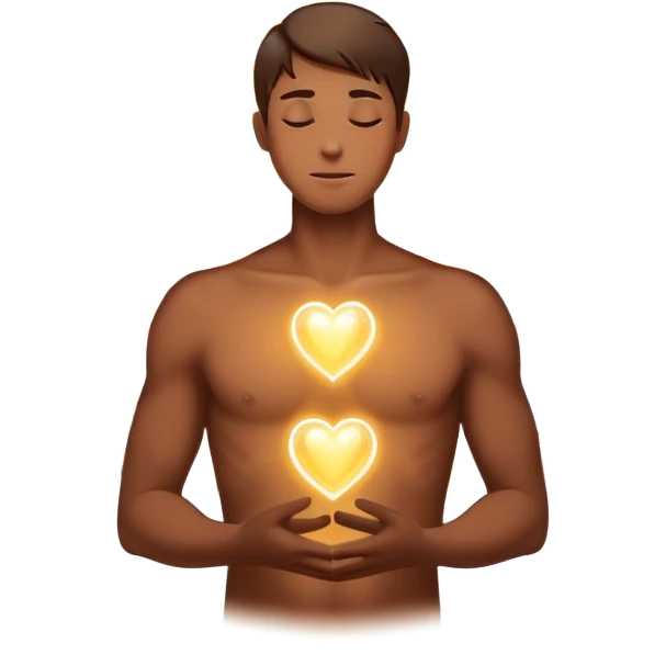 luminous male silhouette surrounded by flowing interconnected lines and softly glowing orbs with radiant core at head and heart emoji
